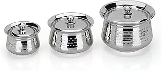Stainless Steel Hammered Handdi Set with Lid, Silver, 3 Piece Set, 460ml, 950ml & 1700ml, Handcrafted Kitchen Cookware