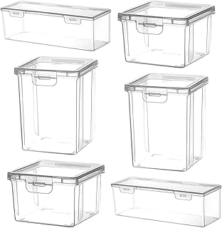 DOITOOL 6pcs Hinged Lid Storage Boxes Set, Stackable Plastic Organizer Bins for Hair Accessories, Jewelry, and Ingredient Holder, Small to Medium Multi-use Containers for Home and Craft