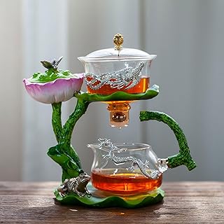 Magnetic Automatic Glass Tea Set,Heat Resistant Borosilicate Glass Teapot with Lotus Stand and Infuser,Rotating Lazy Kungfu Tea Maker for Home Office Gifts(B, Clear)