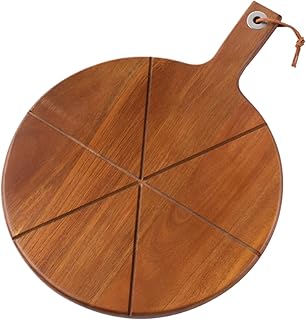 Large Pizza Board - Wood Serving Tray with Handle, Round Cutting Board with 6 Grooves, Pizza Peel Easy Grip, Kitchen Baking Boards for Charcuterie Cheese Bread Meat Fruit