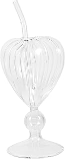 Wakauto Heart Shape Cocktail Glasses Set with Straw, Glass Wine Goblets for Party and Bar Use, Modern Style Juice and Cocktail Drinkware with Decorative Stripe Design