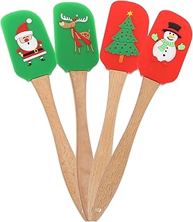 Mikinona 4 Pieces Christmas Silicone Butter Scraper and Cream Spatula Set with Wooden Handles, Kitchen Baking Utensils for Cake Decorating and Icing Smoothing, Random Color Random Style