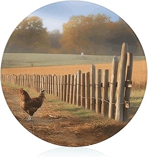 Chicken Wood Stake Farmland Cutting Board Round Tempered Glass Chopping Boards Scratch Resistant Butcher Block for Kitchen Non Slip Cutting Mat for Meat Fruits Vegetables 7.9"