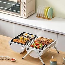 Portable Charcoal Grill, White, Dual Zone BBQ Grill with Griddle and Grate, Outdoor Camping Barbecue, Foldable Legs