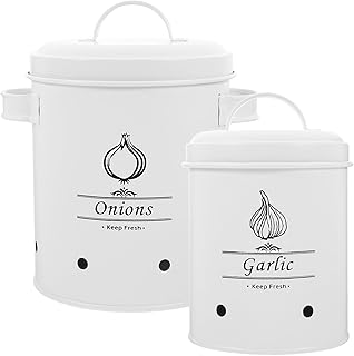 Kichvoe Potato Onion Garlic Storage Canisters Set, White Medium and Small Ventilated Plastic Containers with Lid, Kitchen Counter Vegetable Keeper for Fresh Produce Storage