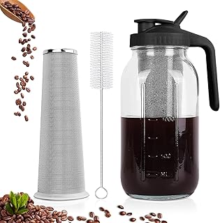 Cold Brew Coffee Maker Jar - 64oz Thick Glass Multipurpose Mason Pitcher Spout Lid with Handle & Stainless Steel Filter for Iced Coffee, Lemonade, Ice Tea, Homemade Fruit Drinks Container (Black)