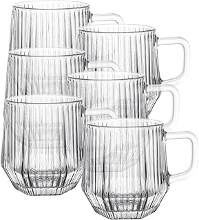 VICASKY 6pcs Glass Mugs with Handle, Vertical Ribbed Pattern, Glass Coffee and Milk Cups for Office and Home Use, Sturdy Glassware Set for Tea, Juice, and Cocktail