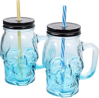 COHEALI Halloween Skull Glasses 500ml Gradient Blue Glass Cups with Handle, Party Beer and Cocktail Skull Beverage Glasses, 2pcs Set for Halloween Decorations and Entertaining Random Color