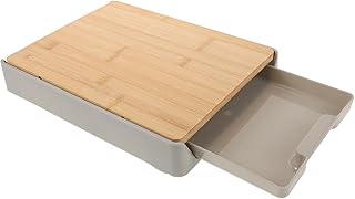 Sliding Cutting Board with Drawer Storage Tray Gray Square Multifunctional Wooden Chopping Board for Fruit Vegetable Food Prep Kitchen Use