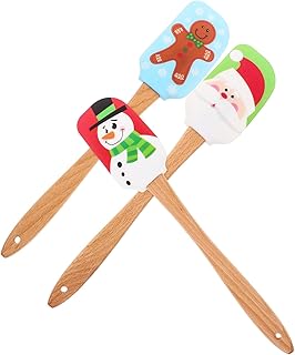Christmas Silicone Spatula Set 3pcs with Wood Handles, Flexible Rubber Baking Scrapers Featuring Snowman, Gingerbread Man, and Elderly Designs for Cake Decorating and Cooking