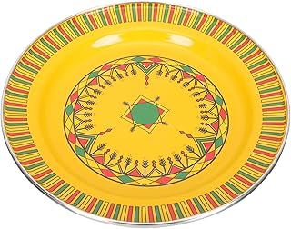 Vintage Enamel Food Plate 29cm Yellow Striped Bbq Tray Fruit Dish Ethnic Style Serving Platter for Restaurant and Home Dining