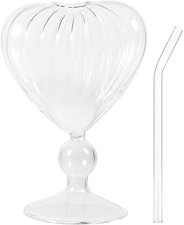 Heart Shaped Cocktail Glass Set with Straw, Cute Tall Goblet Wine Glass for Party and Home Bar, Novelty Drinking Glassware for Juice and Cocktails