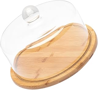Glass Cake Display Stand with Wood Tray 235×165mm, Dessert Serving Platter with Cover Dome, Stable Food Display Plate for Bakery, Party, and Home Use