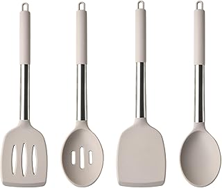 Kitchen Utensils Set of 4, Heat Resistant Non-Stick Silicone Cooking Utensils Set with Spatula, Slotted Spatula, Soup Spoon and Filtering Spoon for Flipping Mixing Serving Basting...