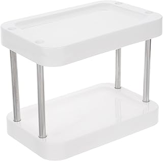 Tabletop Spice Rack Organizer for Cabinet and Bathroom Vanity, White Plastic Countertop Storage Shelf for Kitchen Condiment Jars and Salt Bottles, Space-saving Pantry Organizer