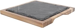 Japanese Steak Plate and Salad Platter, Square Black Wood Tray with Stone Insert, Multi-function Food Serving Dish for Restaurant and Home Use, 1pcs