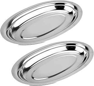 2pcs Thickened Stainless Steel Oval Plates 30cm, Steam Fish and Steak Serving Trays, Restaurant Dessert and Fruit Platters for Western Food