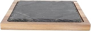 Japanese Serving Plate and Steak Tray with Stone Insert, Square Black Solid Wood Pizza Platter, Multi-function Restaurant and Household Salad Plate for Western Food and Sushi