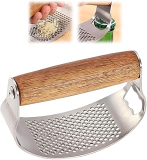 Stainless Steel Garlic Presser & Bottle Opener, Wooden Handle Garlic Press Rocker, Garlic Mincer Tool Garlic Chopper Hand Garlic Grinder, Hand Press Garlic Dicer Garlic Crusher (1 Pack)