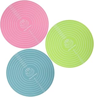 3pcs Silicone Baking Mats Non-slip round Pastry Mats with Measurement Reusable Cake Turntable for Home Baking in Peacock Blue Pink Green