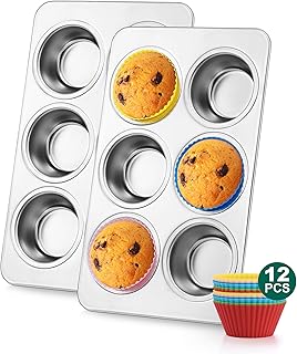 Coliware 6-Cup Muffin Pan Set of 2, Stainless Steel Cupcake Tins with 12 Cupcake Liners, Regular Size Nonstick Cake Tray Set, Easy-Release Baking Cookware for Oven, Dishwasher Safe