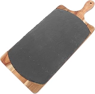 Japanese Style Solid Wood Rock Serving Plate, Multipurpose Food Board with Oval Stone Surface, Steak and Sushi Platter for Home Dining and Entertaining