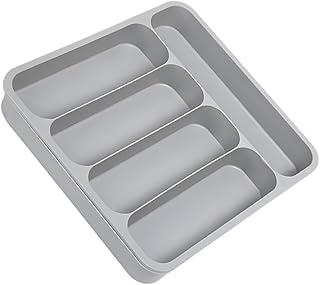 VICASKY Expandable Kitchen Silverware Organizer Drawer Utensil Holder with Compartments, Gray Plastic Cutlery Storage Tray for Forks, Spoons, Knives, and Chopsticks, Large Capacity Drawer