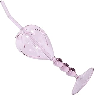 Heart-shaped Pink Cocktail Wine Glass with Handle and Bent Straw, Tall Glass Goblet for Party Drinks, Creative Household Drinkware for Entertaining, 1pcs Set