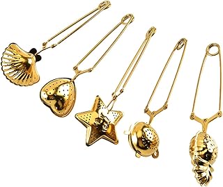 5pcs Stainless Steel Tea Infuser Set Fine Mesh Strainers Gold Tea Filters with Clamp for Loose Leaf Brewing for Home and Travel