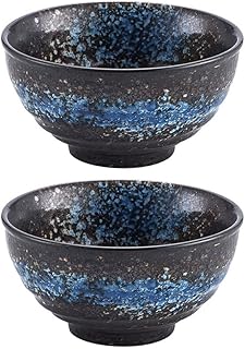 Vintage Ceramic Ramen Bowl Set 2pcs, Blue Glazed Japanese Style Rice and Noodle Soup Bowls for Household Dining and Restaurant Use