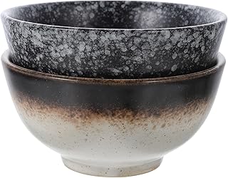 HOMSFOU 2pcs Ceramic Rice Bowl and Traditional Ramen Bowl Set 4.5 Inch Handmade Pottery with Gold Speckle and Wax Month Glaze for Salad and Noodle Soup Serving at Home Random Color