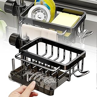 Upgrade Kitchen Sink Faucet Organizer, 2024 Multifunction Sponge Holder for Kitchen Sink, Adjustable Dish Sponge Holder Over Faucet Sink Organizer for 0.7-1.1inch Round Water Pipe(Black,Right)