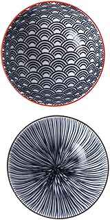 jojofuny 2pcs Ceramic Soup and Rice Bowls Set with Blue Embossed Stripe and Wave Patterns, 4.5-inch Porcelain Dining Bowls for Home Kitchen, Salad, Noodle, and Soup Serving