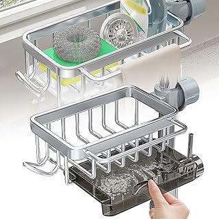 Kitchen Sink Faucet Organizer, Dish Sponge Holder Over Faucet Kitchen Sink Caddy Organizer with Hook for Bathroom, Scrubbers, Soap, Work With 0.7-1.1inch Round Water Pipe (Black, Right)(Silver,Left)
