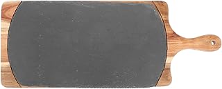 SECFOU Wooden Steak Plate with Oval Stone Serving Tray, Nonslip Japanese Style Food Serving Dish for Pizza, Sushi, Bread, and Desserts, Household Steak and Pasta Platter for Dining