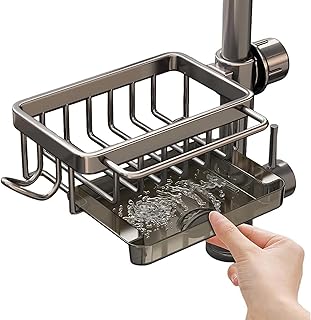 Kitchen Sink Faucet Organizer with Drain Tray, Kitchen Sink Organizer Over Faucet, Dish Sponge Holder Over Faucet Kitchen Sink Caddy Organizer(Gray)