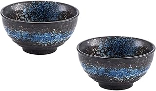 Vintage Ceramic Rice and Ramen Bowls Set of 2, Blue Star Glaze Rough Pottery Soup and Salad Bowls for Kitchen and Dining, Japanese Style Household Tableware