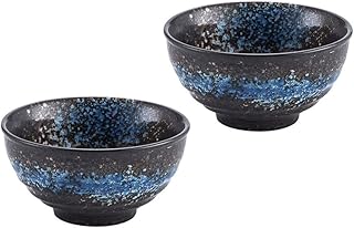 Vintage Ceramic Ramen Bowl Set, 2pcs Blue Retro Stoneware Soup and Noodle Bowls, Japanese Style Tableware for Household and Restaurant Serving