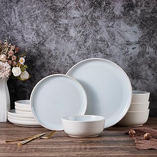 Vesteel Dinnerware Sets for 4, 12Pcs Premium Plates and Bowls Set, Farmhouse Handmade Stoneware Sets for Home Restaurant, Microwave & Dishwasher Safe
