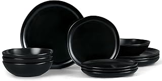 Vesteel Dinnerware Set for 4, 12 Pieces Premium Stoneware Plates and Bowls Set for Home, Chip & Scratch Resistant, Microwave and Dishwasher Safe - Matte Black