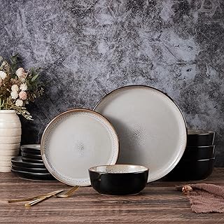Vesteel Dinnerware Sets for 4, 12Pcs Double Reactive Glaze Plates and Bowls Set, Farmhouse Handmade Stoneware Sets for Home Restaurant, Microwave & Dishwasher Safe, Khaki