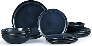 Vesteel Dinnerware Set for 4, 12 Pieces Premium Stoneware Plates and Bowls Set, Handmade Reactive Glaze Dishes for Home, Chip & Scratch Resistant, Microwave and Dishwasher Safe - Starry Blue