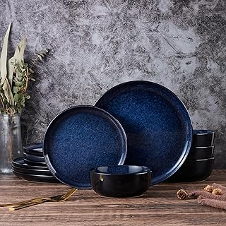Vesteel Dinnerware Sets for 4, 12Pcs Double Reactive Glaze Plates and Bowls Set, Farmhouse Handmade Stoneware Sets for Home Restaurant, Microwave & Dishwasher Safe, Ocean Blue