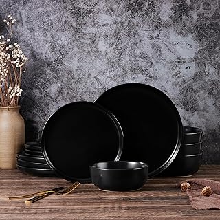 Vesteel Dinnerware Sets for 4, 12Pcs Premium Plates and Bowls Set, Farmhouse Handmade Stoneware Sets for Home Restaurant, Microwave & Dishwasher Safe, Matte Blue